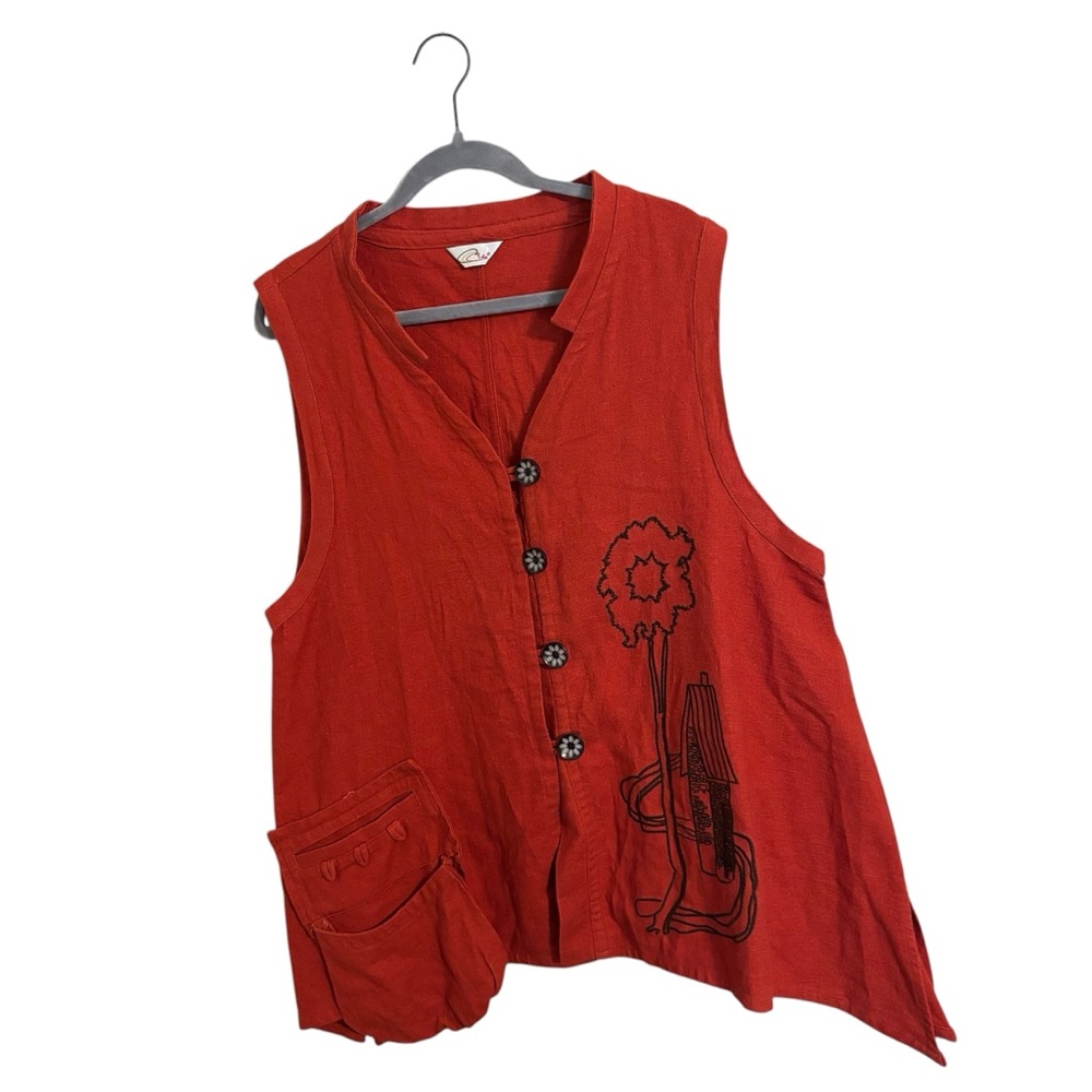 C.C. Crea Red Linen‎ Embroidered House Tunic Button Up Top Large